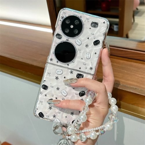Przezroczyste, odporne na wstrząsy etui na Huawei Nova Flip/Pocket/P50 z uroczym kotkiem, smyczą i ryflowaną teksturą