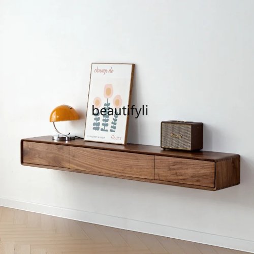 Armario de TV de pared de madera maciza con bordes redondeados – Nogal negro y roble