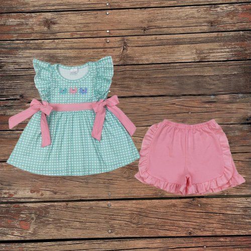 Baby Girl Outfit Set - Short Sleeve Plaid Tunic with Crab Embroidery and Ruffle Shorts