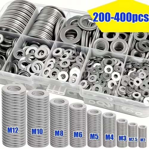 ชุดแหวนรองแบนสแตนเลส 200/400 ชิ้น (M2-M12) – งาน DIY บ้าน ซ่อมอุตสาหกรรม ตกแต่งครัว และบำรุงรักษากลางแจ้ง