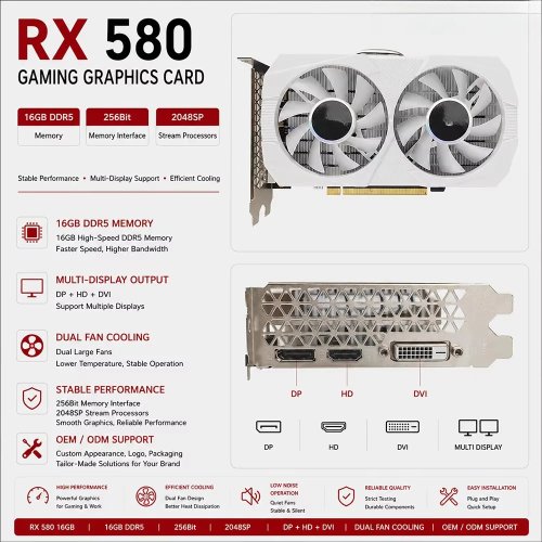 Placa gráfica RX 580 16GB GDDR5 256Bit 2048SP, nova e económica, OEM/ODM, para atualização de PC de mesa para jogos