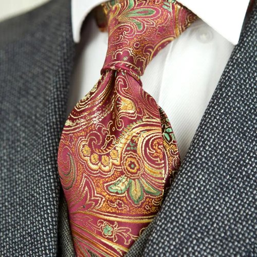 Dasi Pria Sutra Pola Paisley Bunga - Warna Emas Merah Multi, Tenunan Jacquard