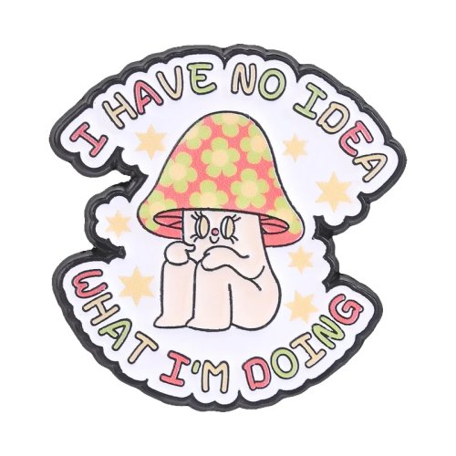 Emaille-Pin 'I Have No Idea What I'm Doing' - Cartoon Y2K Regenbogen Blumen Pilz Brosche, verwirrte Pose, dekorative Geschenk-Anstecknadel