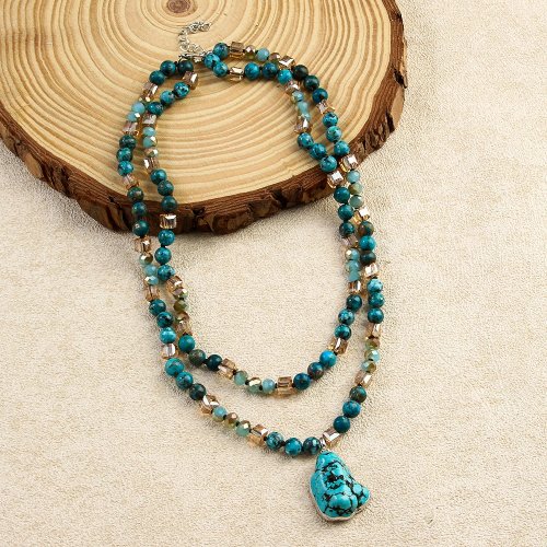 Collier court à double couche style bohème avec pierre naturelle de 6 mm et design de nœud en verre, pendentif turquoise irrégulier