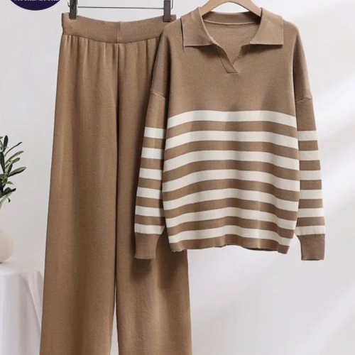 Elegantes 2-teiliges Damen-Set: Gestreifter V-Ausschnitt-Strickpullover & Lockere weite Hose