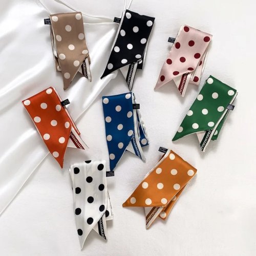 Dubbelzijdige satijnen sjaal met stippen en letters, Koreaanse stijl, lang en smal, als haarband, polssjaal en decoratieve tasriem voor dames