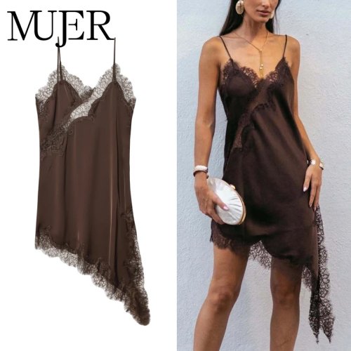 Women's Lace Satin Slip Mini Dress, Backless Asymmetric Summer Party Beach Dress