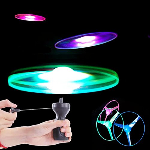 Juguete volador de disco con hélice luminosa con LED, UFO volador con cuerda de tiro, peonza, juego al aire libre