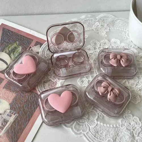Kawaii Contact Lens Case Pink Transparent Love Bow Cute Portable Storage Box for Women
