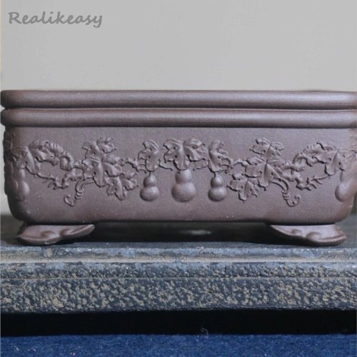 Chậu bonsai đất tím hình chữ nhật thủ công, chạm khắc cổ điển, chậu hoa cổ Trung Quốc, trang trí bàn làm việc LF883