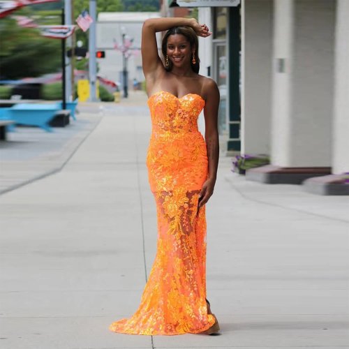 Abendkleid in Orange mit Spitze, Meerjungfrau-Stil, Trägerlos, Transparent, für Frauen, Party, Maßanfertigung