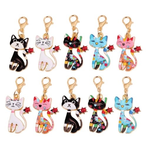 10pcs Cute Cat Enamel Earrings, Alloy Pendant Charms for DIY Jewelry and Bag Decoration