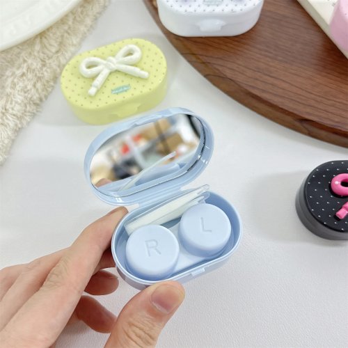 Estuche para lentes de contacto mini con moño lindo, colores brillantes, con espejo y pinzas, para viaje