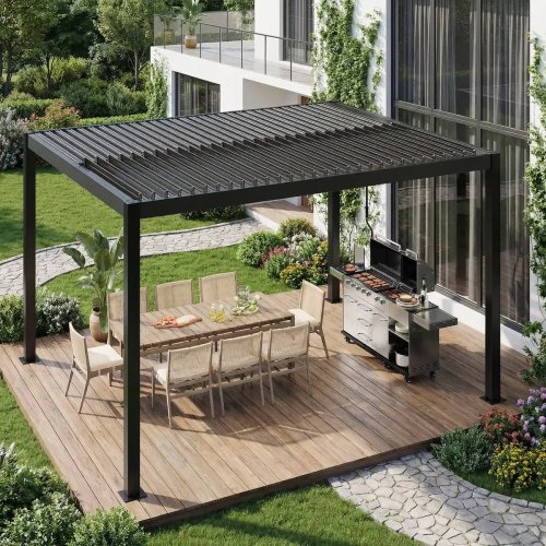 Pérgola moderna de lujo de aluminio con techo de lamas ajustable, impermeable y resistente a la lluvia, sombra para casa
