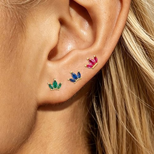 Bộ 3 bông tai hạt zircon nhỏ cho nữ, thép không gỉ, hình vương miện, hoa, bướm, sao