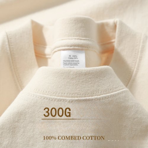 Playera de algodón grueso 300g color beige, estilo holgado, cuello redondo, para hombre y mujer