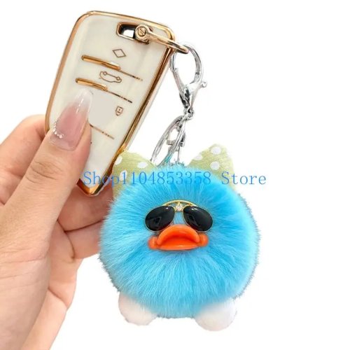 652F Llavero de coche de peluche con lentes negros y moño, accesorio trendy para mujeres
