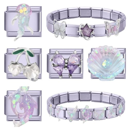 จี้แมวและเปลือกหอยสีม่วงเงา ขนาด 9 มม. สแตนเลส Italian Charm สำหรับทำสร้อยข้อมือ DIY