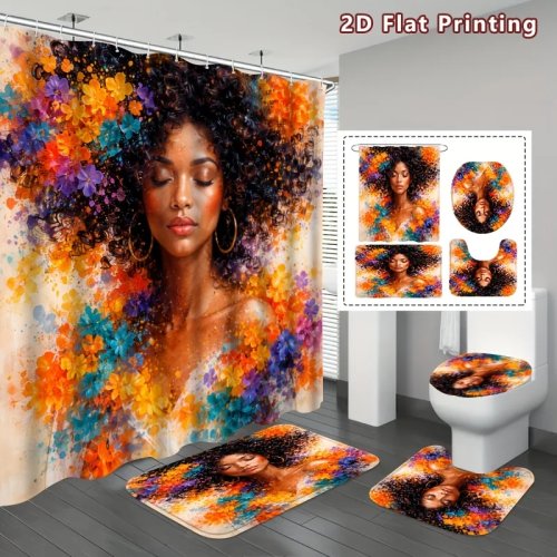 4-teiliges Blumenduschvorhang-Set – mit Badematte, U-Badematte, Toilettendeckel und 12 Haken – Badezimmerdeko für Frauen