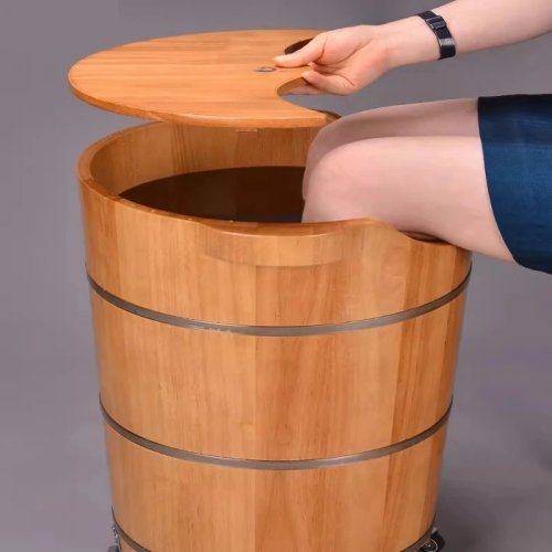 Banheira de imersão para pés de madeira profunda com rodas e dreno - Spa para pés até à barriga da perna para uso doméstico, banho de pés com massagem, balde portátil para imersão