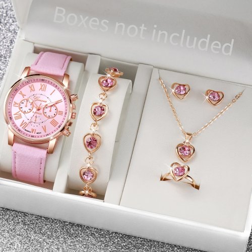 Conjunto de Relógios e Joias Femininos - 5/6 Peças Pulseira de Couro Analógico Quartzo com Pedras de Coração (Sem Caixa)
