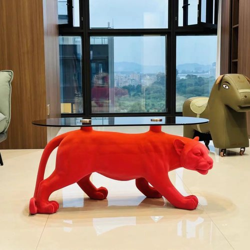 Mesa de café e mesa lateral com escultura de leopardo artística, vidro temperado, estilo nórdico, grande ornamento de chão para escritório