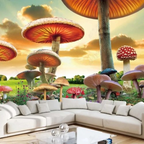Papier peint 3D personnalisé – Mural dessin animé maison champignon avec animaux de la forêt, décoration chambre enfant