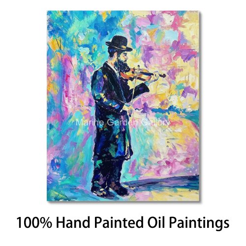 Pintura al óleo hecha a mano de violinista jasídico, músico judío klezmer, arte en lienzo texturizado grande para sala de música y estudio