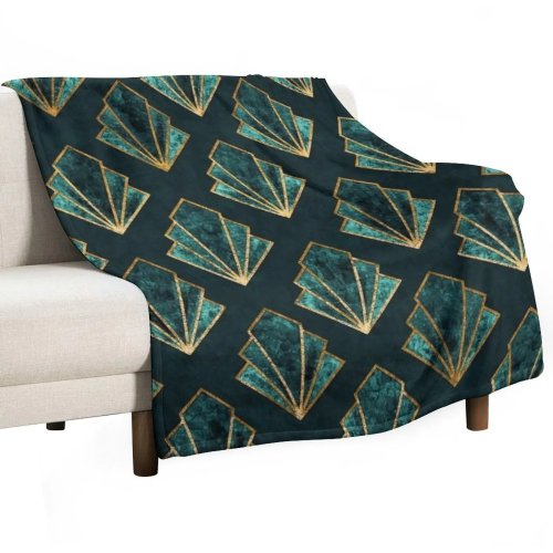 Art Deco Plush Shaggy Throw Blanket - Emerald Green and Gold, Soft Warm Fleece for Bed and Sofa