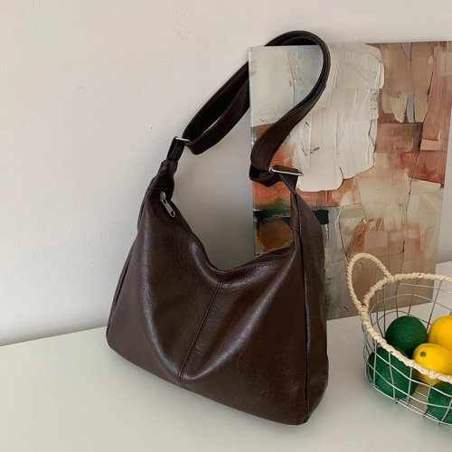 Borsa Hobo in Pelle Cerata Retro Coreana per Donna, Grande Capacità, Tracolla Regolabile, Borsa a Traversa Casual per Uso Quotidiano