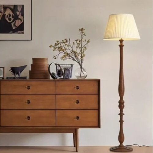 Lámpara de pie estilo Wabi Sabi antigua vintage, de madera color nogal con pantalla de tela, para sala, recámara, estudio