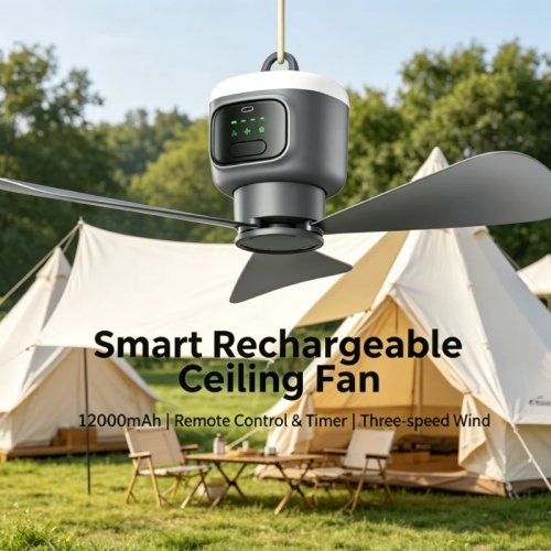 Ventilador de techo portátil de camping recargable 12000mAh, enfriador de aire para tienda de campaña exterior con luz LED y temporizador con mando a distancia
