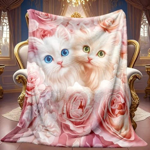핑크 장미 고양이 플란넬 담요, 귀여운 흰 고양이, 꽃무늬 플리스, 부드럽고 따뜻한, 여아 침실용