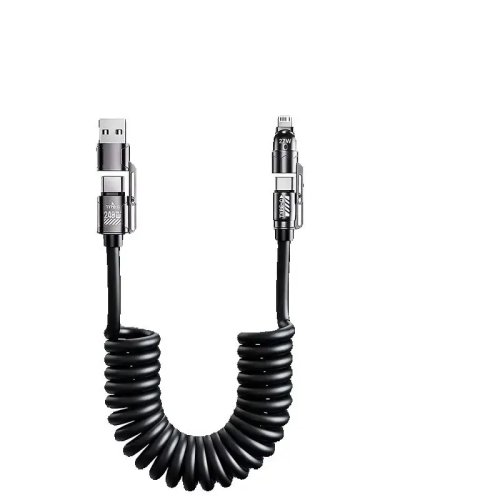 4-in-1 Spring Retractable Car Charging Cable, Fast Charging 240W/100W/27W/12W for iPhone Samsung Huawei Xiaomi iPad USB C
