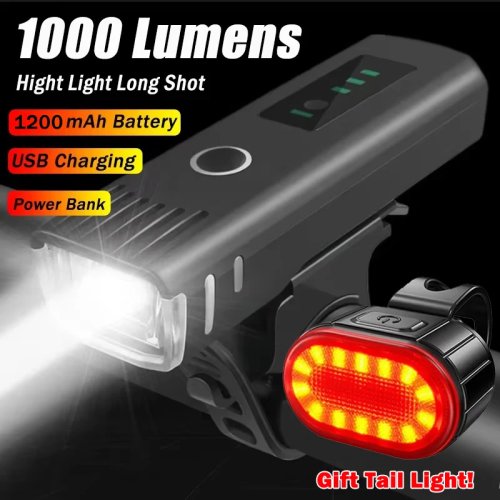Luz Dianteira LED Bicicleta 1000LM, Recarregável por USB, Luz Traseira com Sensor Inteligente, À Prova de Água, Luz de Segurança Brilhante para Ciclismo