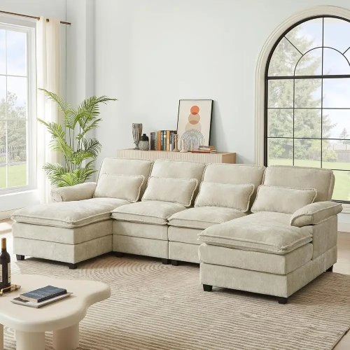 Cloud Sectional Sofa with Double Chaise Lounges - 113" 4-Seater, Deep Seats, 2-Layer Cushions, Chenille Upholstery