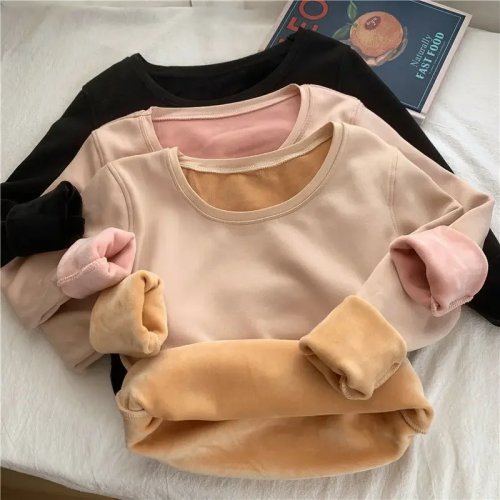 เสื้อยืดระบายความร้อนแขนยาวผู้หญิงมีซับในกำมะหยี่สำหรับฤดูหนาว