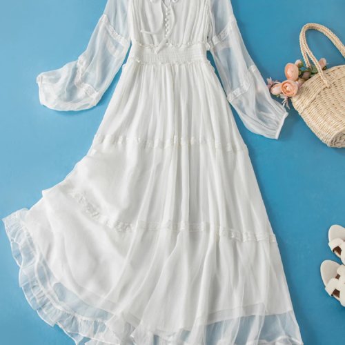 Elegantes Damenkleid aus 100% Seide, halbe Ärmel, Rundhals, Rüschen, Französischer Strandurlaub Feen-Stil, Sommer 2026