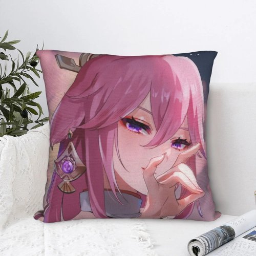 Funda de cojín Yae Miko Genshin Impact, poliéster suave, decorativa, cuadrada 40x40cm