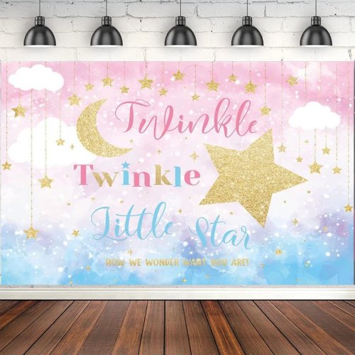 Fond de photographie révélation de genre Twinkle Little Star – Lune rose bleu or, garçon ou fille, déco fête d'anniversaire