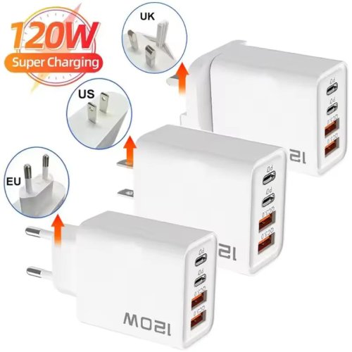 Carregador rápido USB Type-C 120W, 4 portas PD Quick Charge 3.0 para iPhone Samsung Xiaomi Huawei, ficha EU/US/UK