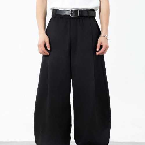 Pantalones de traje de hombre de pierna ancha estilo globo con pliegues y cintura elástica parcial