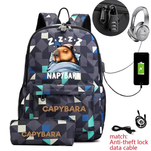 Anti-diefstal rugzak met capybara print voor kinderen en tieners, schattige schoolrugzak met pennenzak, lichtgewicht voor jongens en meisjes