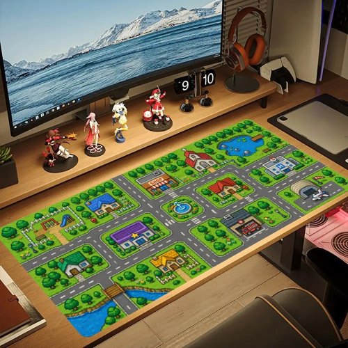 Alfombrilla Gaming XXL, Diseño de Mapa de Ciudad Kawaii, Antideslizante de Goma, Base de Escritorio para Teclado y Ratón, Accesorio Gamer para Chicas