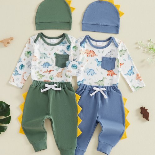 Conjunto de bebé niño dinosaurio - Camiseta de manga larga, pantalones y gorro, otoño