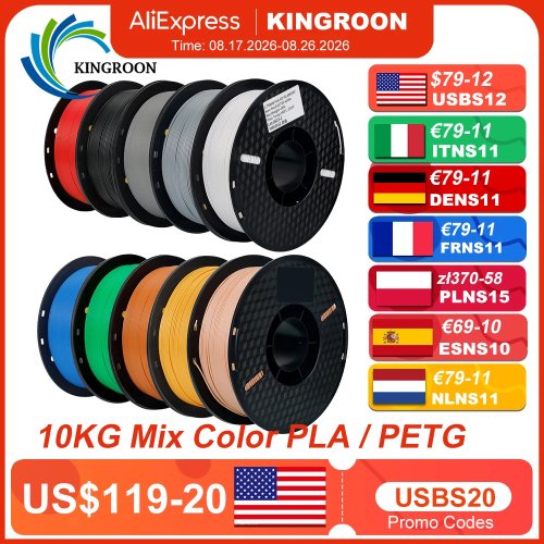 Filament pour imprimante 3D KINGROON, 10 rouleaux de 1 kg, 1,75 mm, PETG ou PLA, écologique, résistant, couleurs mélangées, livraison gratuite