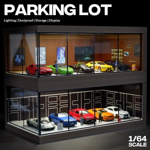 Model Garasi Parkir Skala 1:64 dengan Lampu LED untuk Mobil Diecast Tomica, Kotak Tampilan Anti Debu untuk Koleksi Diorama