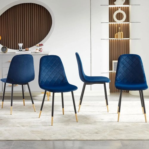 4er-Set Samt Esszimmerstühle, Marineblau, gepolstert, mit Metallbeinen