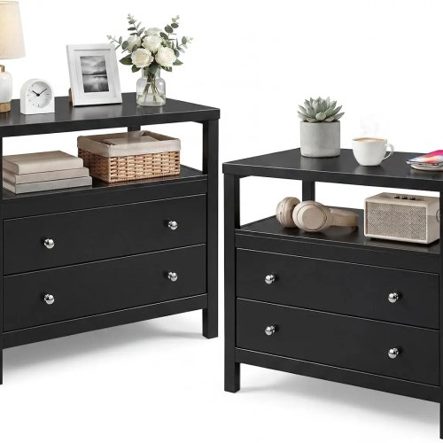 Set di 2 comodini in legno massello nero, con 2 cassetti e ripiano aperto, largo 28 pollici, comodino laterale con maniglie in lega di zinco per camera da letto, studio o ufficio