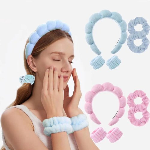 3-delige set pluche spa-haarband en polsband - fluffy cloud haarband voor gezichtsreiniging en make-up
